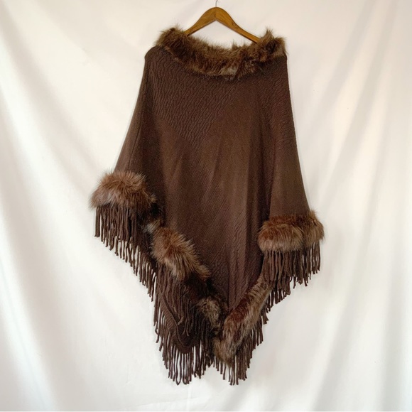 Brown faux fur tassel poncho duster - Picture 6 of 7